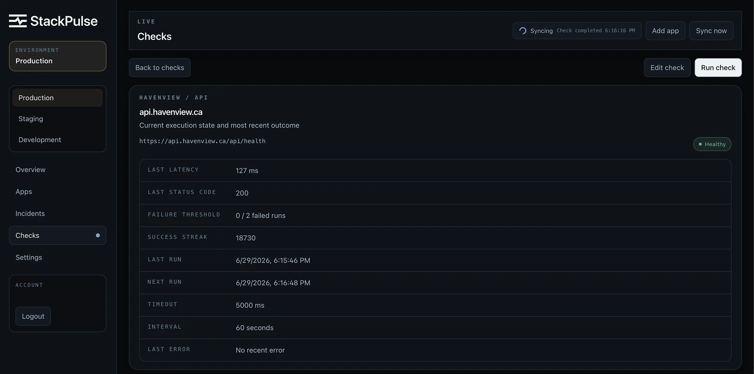 StackPulse health check detail showing latency, status code, schedule, and current state